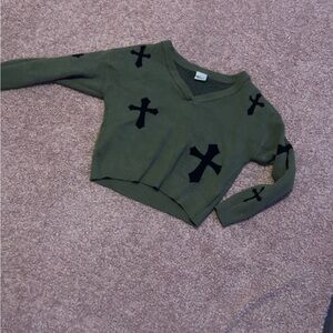 PrettyLittleThing Olive Green V-Neck Sweater with Black Crosses